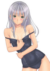 Rule 34 | 1girl, :o, bare shoulders, blush, breasts, cameltoe, clothes pull, collarbone, cowboy shot, green eyes, long hair, looking at viewer, muffin (sirumeria), off shoulder, one-piece swimsuit, one-piece swimsuit pull, open mouth, original, purple hair, school swimsuit, simple background, small breasts, solo, strap slip, swimsuit, white background
