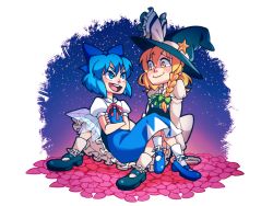 Rule 34 | 2girls, blonde hair, blue eyes, blue hair, bow, braid, buck teeth, cirno, commentary request, crossed legs, dress, hat, highres, kirisame marisa, long hair, looking at another, mary janes, multiple girls, nappooz, open mouth, petals, ribbon, round teeth, shoes, short hair, simple background, sitting, sitting on lap, sitting on person, smile, spread legs, star (symbol), teeth, touhou, white background, wings, witch hat, yellow eyes