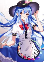 Rule 34 | 1girl, absurdres, apron, arm up, black hat, blue hair, blue skirt, breasts, center frills, closed mouth, collared shirt, commentary, cowboy shot, frilled skirt, frills, hat, highres, hinanawi tenshi, long hair, modyce, neck ribbon, puffy short sleeves, puffy sleeves, red ribbon, ribbon, shirt, short sleeves, skirt, skirt hold, small breasts, smile, touhou, waist apron, white apron, white shirt, yellow eyes