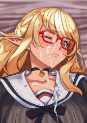 Rule 34 | 1girl, bed sheet, bespectacled, black choker, black ribbon, black shirt, blonde hair, blush, braid, choker, closed mouth, collarbone, commentary, cum, cum on clothes, cum on eyewear, dark-skinned female, dark skin, facial, french braid, frown, furrowed brow, glasses, grimace, highres, hololive, lips, long hair, looking at viewer, lying, multicolored hair, official alternate costume, on back, one eye closed, orange eyes, pointy ears, portrait, red-framed eyewear, ribbon, sailor collar, shiranui flare, shiranui flare (street), shirt, solo, streaked hair, striped clothes, striped shirt, two-tone hair, vertical-striped clothes, vertical-striped shirt, virtual youtuber, white hair, zabudog777
