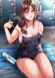 Rule 34 | 1girl, bare shoulders, blush, bottle, breasts, brown eyes, cleavage, commentary request, hair over shoulder, highres, large breasts, locker, long hair, looking at viewer, mature female, mole, mole under mouth, nochan, original, school swimsuit, sidelocks, sitting, smile, solo, strap pull, swimsuit, water bottle