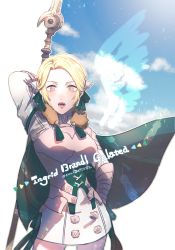 Rule 34 | 1girl, absurdres, arm up, blonde hair, cape, character name, dress, fire emblem, fire emblem: three houses, green cape, green eyes, highres, holding, holding weapon, ingrid brandl galatea, koukou7722, nintendo, open mouth, polearm, short dress, solo, twitter username, upper body, weapon