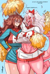 Rule 34 | 2girls, android 21, black sclera, blue eyes, blurry, blurry background, brown hair, clothes, colored sclera, colored skin, dragon ball, dragon ball fighterz, ear piercing, earrings, emboquo, english text, glasses, highres, jewelry, long hair, looking at viewer, majin android 21, monster girl, multiple girls, one eye closed, piercing, pink skin, pointy ears, pom pom (cheerleading), pom pom (clothes), red eyes, simple background, tail, tongue, tongue out, white hair
