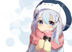 Rule 34 | 1girl, blue eyes, blue hair, blue hat, blush, can, closed mouth, commentary request, gochuumon wa usagi desu ka?, hair between eyes, hair ornament, hands up, hat, holding, holding can, houjichaoic, kafuu chino, long hair, looking at viewer, mittens, pink scarf, scarf, solo, upper body, x hair ornament, yellow mittens