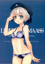 Rule 34 | 1girl, absurdres, bare arms, bare shoulders, beret, blue background, blue eyes, blush, bra, fingernails, hand up, hat, highres, huge filesize, kantai collection, lingerie, looking at viewer, navel, open mouth, panties, salute, scan, shiny skin, shirokitsune, short hair, silver hair, simple background, smile, solo, stomach, underwear, underwear only, z1 leberecht maass (kancolle)