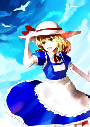 Rule 34 | 1girl, apron, bad id, bad pixiv id, bird, blonde hair, bow, cloud, day, dress, elbow gloves, female focus, foro (planet cage), frills, gloves, hair bow, happy, hat, hat ribbon, kana anaberal, looking up, o kawa, open mouth, outstretched arm, outstretched hand, phantasmagoria of dim.dream, poltergeist, ribbon, short hair, short sleeves, sky, solo, touhou, touhou (pc-98), yellow eyes