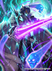 Rule 34 | 1boy, armor, armored boots, bare tree, belt, blue hair, boots, cape, cowboy shot, fire emblem, fire emblem cipher, fire emblem heroes, fur cape, gauntlets, glowing, glowing sword, glowing weapon, hair over one eye, kita senri, lif (fire emblem), looking at viewer, male focus, mask, nintendo, official art, red eyes, short hair, skull, snow, solo, spirit, sword, tree, watermark, weapon