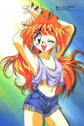 Rule 34 | 1990s (style), 1girl, ;d, araizumi rui, armpits, arms up, casual, cutoffs, denim, denim shorts, earrings, highres, hoop earrings, jewelry, lina inverse, long hair, midriff, miyata naomi, navel, non-web source, official art, one eye closed, open mouth, orange hair, red eyes, retro artstyle, scan, shorts, slayers, smile, solo, tank top, wink