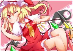 Rule 34 | 1girl, ascot, blonde hair, dress, fang, female focus, flandre scarlet, hat, hat ribbon, kan lee, laevatein, open mouth, pink eyes, puffy sleeves, red dress, ribbon, shirt, short sleeves, side ponytail, smile, solo, touhou, wings, wink