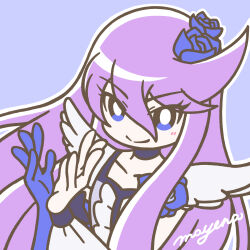 Rule 34 | 1girl, asymmetrical gloves, blue choker, blush, bright pupils, choker, closed mouth, cure moonlight, elbow gloves, flower, flower tact, gloves, hair flower, hair ornament, heartcatch precure!, highres, jewelry, long hair, looking at viewer, magical girl, mayena, outline, precure, purple background, purple flower, purple hair, purple rose, rose, signature, simple background, single elbow glove, single glove, smile, solo, tsukikage yuri, upper body, white outline, white pupils