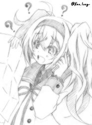 Rule 34 | ?, alternate costume, buttons, cellphone, chicken99, coat, collared shirt, crying, gambier bay (kancolle), greyscale, hair between eyes, hairband, highres, kantai collection, monochrome, one-hour drawing challenge, paper, phone, shirt, smartphone, solo, talking on phone, tearing up, twintails, twitter username