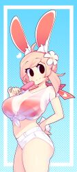 Rule 34 | 1girl, absurdres, ahoge, animal ears, bikini, bikini top only, blue background, breasts, cowboy shot, eyes visible through hair, fiz (fizintine), fizintine, flower, food, gradient background, hair flower, hair ornament, hand on own hip, heart, highres, large breasts, looking at viewer, micro shorts, midriff, no pupils, original, outline, pink hair, popsicle, rabbit ears, red bikini, see-through, shirt, short sleeves, shorts, simple background, smile, solo, swimsuit, tied shirt, white outline, white shorts