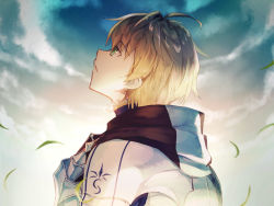 Rule 34 | 1boy, ahoge, armor, arthur pendragon (fate), blonde hair, cloud, cloudy sky, fate/prototype, fate (series), from side, fumio (kanmi), gauntlets, grass, green eyes, hand on own chest, highres, hood, hood down, looking up, male focus, outdoors, parted lips, sky, solo, upper body