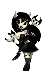 Rule 34 | 1girl, 2boys, alice (bendy and the ink machine), bendy, bendy and the ink machine, black hair, black lips, boris (bendy and the ink machine), bow, breasts, choker, cleavage, elbow gloves, gloves, highres, multiple boys, skirt