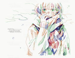 Rule 34 | 1girl, artist name, colorful, commentary request, enpera, hand up, hatching (texture), highres, long bangs, long sleeves, looking at viewer, original, parted lips, pen (medium), scarf, short hair, signature, simple background, solo, straight-on, traditional media, upper body, watanabe tomari, watermark, white background