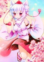 Rule 34 | 1girl, animal ears, breasts, cherry blossoms, detached sleeves, female focus, flower, funnyfunny, geta, hat, holding, holding flower, inubashiri momiji, large breasts, leaf, leg up, looking at viewer, petals, pom pom (clothes), red eyes, short hair, skirt, sleeves past wrists, smile, solo, tail, tokin hat, touhou, white hair, wide sleeves, wolf ears, wolf tail