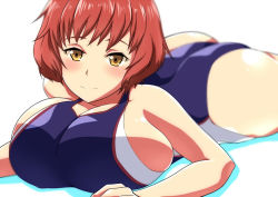 Rule 34 | 10s, 1girl, ass, bare shoulders, breasts, competition swimsuit, huge breasts, kakumeiki valvrave, kozy, light smile, looking at viewer, lying, nanami rion, on stomach, one-piece swimsuit, red hair, short hair, sideboob, solo, swimsuit, yellow eyes