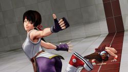 Rule 34 | ass, ass focus, brown eyes, brown hair, gloves, highres, lips, one eye closed, shiranui mai, smile, spandex, the king of fighters, the king of fighters xv, tongue, tongue out, yuri sakazaki