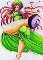 Rule 34 | 1girl, ass, bad id, bad pixiv id, beret, braid, breasts, chinese clothes, colored pencil (medium), female focus, fighting stance, hat, highres, hong meiling, kicking, kitazinger, kung fu, legs, long hair, medium breasts, serious, solo, star (symbol), touhou, traditional media