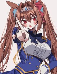Rule 34 | 1girl, 3j dangan, :o, ahoge, aiguillette, animal ears, blue jacket, blue skirt, blush, bow, bowtie, breasts, brown hair, center frills, daiwa scarlet (umamusume), fang, frills, hair between eyes, hair intakes, hand on own hip, highres, horse ears, horse girl, jacket, large breasts, looking at viewer, pointing, pointing at viewer, red eyes, simple background, skirt, solo, tiara, twintails, umamusume, upper body, white background