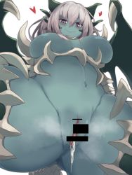 Rule 34 | 1girl, bar censor, blush, breasts, breasts apart, censored, closed mouth, colored skin, commentary, crotch, dragon, dragon girl, dragon wings, dragon zombie (monster girl encyclopedia), green skin, hair between eyes, heart, highres, large breasts, looking at viewer, looking down, monster girl, monster girl encyclopedia, monster girl encyclopedia ii, navel, no nipples, nude, purple eyes, pussy, pussy juice, silver hair, smile, solo, steaming body, symbol-only commentary, undead, wavy mouth, wings, yonaga san, zombie, zombie girl