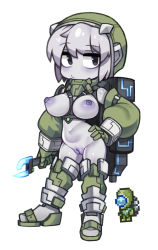 Rule 34 | 1girl, alien, black eyes, bodysuit, boots, breasts, cleft of venus, closed mouth, colored nipples, colored skin, contrapposto, creature and personification, detached sleeves, full body, gloves, green gloves, green sleeves, grey hair, grey skin, hand on own hip, holding, holding wrench, large breasts, long sleeves, martian engineer, no nose, nyong nyong, personification, purple nipples, purple pussy, pussy, short hair, simple background, solo, standing, terraria, thigh boots, torn bodysuit, torn clothes, uncensored, white background, wrench