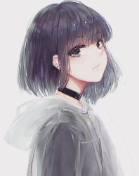 Rule 34 | 1girl, absurdres, black choker, black eyes, black hair, black shirt, choker, commentary, ear piercing, grey background, highres, hood, hood down, hooded jacket, jacket, kisei2, looking at viewer, looking to the side, original, parted lips, piercing, see-through, shirt, simple background, solo, upper body, white background