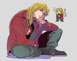 Rule 34 | 1boy, black footwear, blonde hair, chibi, chibi inset, closed mouth, commentary request, full body, grey background, grey pants, head rest, highres, inudori, jacket, kaiji, kitami (kaiji), long hair, long sleeves, looking at viewer, male focus, open clothes, open jacket, pants, parted bangs, print shirt, red jacket, shirt, shoes, simple background, skull print, translation request, v-shaped eyebrows