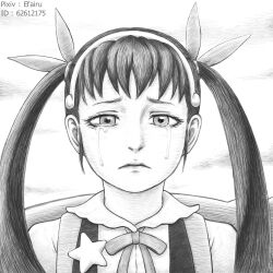 Rule 34 | 1girl, absurdres, artist name, commentary, crying, efairu 666, english commentary, frown, greyscale, hachikuji mayoi, hairband, hatching (texture), highres, long hair, monochrome, monogatari (series), pixiv id, portrait, solo, star (symbol), streaming tears, tears, twintails