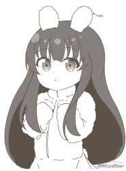 1girl :&lt; animal_ears closed_mouth commentary_request english_text greyscale hands_up jacket long_hair long_sleeves looking_at_viewer mitya monochrome original rabbit_ears simple_background sleeves_past_wrists solo twitter_username very_long_hair watermark white_background