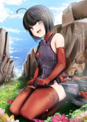 Rule 34 | 1girl, :d, absurdres, ahoge, armor, bad id, bad pixiv id, bare shoulders, black armor, black hair, bob cut, cloud, dvdraw, elbow gloves, flower, gloves, hair ornament, hands on lap, highres, huge filesize, itai no wa iya nano de bougyoryoku ni kyokufuri shitai to omoimasu, looking at viewer, maple (bofuri), mountain, on ground, open mouth, petals, purple eyes, raised eyebrows, red gloves, red thighhighs, seiza, short hair, sitting, sky, smile, solo, thighhighs, thighs, undershirt, zettai ryouiki