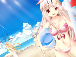 Rule 34 | &gt; &lt;, 10s, 3girls, :3, ball, beach, beachball, bikini, unworn bikini top, blonde hair, breasts, cleavage, closed eyes, day, fang, front-tie top, groin, hair flaps, hair ornament, hair over one eye, hair ribbon, hairclip, hamakaze (kancolle), highres, kantai collection, lilybell, looking at viewer, medium breasts, midriff, multiple girls, navel, nipples, open mouth, purple eyes, red eyes, remodel (kantai collection), ribbon, shimakaze (kancolle), shiny skin, silver hair, swimsuit, topfreedom, topless, umbrella, waving, yuudachi (kancolle)