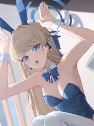 Rule 34 | 1girl, animal ears, armpits, bare shoulders, blue archive, blue bow, blue bowtie, blue eyes, blue leotard, blurry, bow, bowtie, braid, breasts, cleavage, collarbone, commentary, depth of field, detached collar, fake animal ears, french braid, hair between eyes, hair bow, hair ribbon, hairband, halo, headset, highleg, highleg leotard, highres, indoors, knees up, leotard, light brown hair, long hair, looking at viewer, medium breasts, multicolored hair, official alternate costume, official alternate hairstyle, playboy bunny, rabbit ears, rabbit pose, ribbon, sidelocks, single braid, sitting, sleeveless, solo, strapless, strapless leotard, streaked hair, tai saka, thighhighs, toki (blue archive), toki (bunny) (blue archive), two-tone hair, white thighhighs