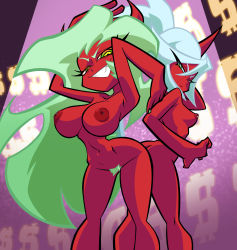 Rule 34 | 2girls, absurdres, arms behind head, back-to-back, breasts, cleavage, colored skin, demon girl, demon horns, demon tail, from below, green hair, grin, highres, horns, inker comics, kneesocks (psg), large breasts, long hair, looking at viewer, looking back, multiple girls, navel, nipples, nude, panty &amp; stocking with garterbelt, ponytail, red skin, scanty (psg), siblings, sisters, smile, smug, spotlight, tail, thighs, v-shaped eyebrows, very long hair, yellow eyes