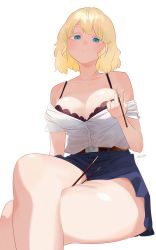 Rule 34 | 1girl, arm at side, bare legs, belt, black bra, blonde eyebrows, blonde hair, blue sky, bra, breasts, brown belt, cleavage, closed mouth, colored eyelashes, commentary, commentary request, english commentary, food, highres, holding, holding food, large breasts, looking at viewer, miniskirt, mixed-language commentary, off shoulder, original, pocky, ryusei hashida, shirt, shirt tucked in, short hair, short sleeves, signature, simple background, skirt, sky, solo, thighs, underwear, white background, white shirt