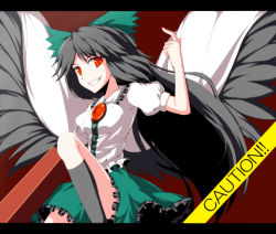Rule 34 | 1girl, arm cannon, bad id, bad pixiv id, black hair, breasts, caution tape, female focus, isa, letterboxed, red eyes, reiuji utsuho, skirt, solo, touhou, weapon, wings