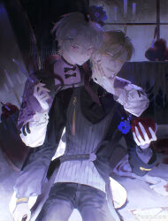 Rule 34 | 2boys, absurdres, apple, bishounen, blonde hair, blood, blood on face, candle, cuffs, expressionless, fengguai, flower, food, fruit, glowing, glowing eyes, grey hair, hair between eyes, hair flower, hair ornament, halloween costume, hat, highres, holding, holding food, holding fruit, holding knife, knife, kodona, lolita fashion, long sleeves, looking at viewer, male focus, multiple boys, pale skin, pink flower, pink rose, puffy sleeves, purple flower, rose, short hair, snake, x hair ornament, yellow eyes