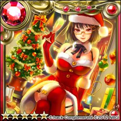 Rule 34 | .hack//, 10s, 1girl, 2012, bad id, bad pixiv id, bell (guilty dragon), black hair, boots, bow, champagne flute, christmas, christmas tree, cup, drinking glass, dutch angle, elbow gloves, garter straps, gem, glasses, gloves, guilty dragon, hair ornament, hairclip, hat, knee boots, crossed legs, looking at viewer, okeya (ol23), red eyes, red gloves, ribbon, santa hat, semi-rimless eyewear, short hair, sitting, skirt, smile, solo, star (symbol), under-rim eyewear, wine glass, yellow-framed eyewear, yellow theme