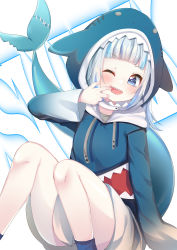 Rule 34 | 1girl, ;d, absurdres, animal hood, blue eyes, blue hair, blue hoodie, blue socks, blush, commentary, drawstring, feet out of frame, finger in own mouth, fins, fish tail, gawr gura, gawr gura (1st costume), highres, hololive, hololive english, hood, hood up, hoodie, knees up, long sleeves, looking at viewer, multicolored hair, one eye closed, open mouth, romaji commentary, shark, shark hood, shark tail, silver hair, sitting, smile, socks, solo, streaked hair, suzu (minagi), tail, virtual youtuber, wide sleeves