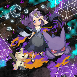 Rule 34 | 1girl, acerola (pokemon), arm up, armlet, blue eyes, blush, commentary request, creatures (company), dress, flip-flops, flipped hair, game freak, gen 1 pokemon, gen 7 pokemon, gengar, grey dress, hair ornament, hairclip, mimikyu, multicolored clothes, multicolored dress, nintendo, pokemon, pokemon (creature), pokemon sm, purple hair, sandals, short sleeves, star (symbol), stitches, toes, topknot, torn clothes, torn dress, yamanashi taiki
