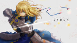 Rule 34 | 1girl, ahoge, armor, armored dress, artoria pendragon (all), artoria pendragon (fate), blonde hair, blue ribbon, burning clothes, character name, closed mouth, commentary request, fate (series), floating hair, gauntlets, glint, green eyes, hair between eyes, highres, holding, holding sword, holding weapon, long hair, looking to the side, ribbon, saber (fate), solo, spareribs, sword, weapon