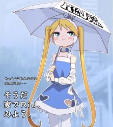 Rule 34 | 1girl, blonde hair, blue background, blue collar, blue dress, blue eyes, blurry, blurry background, blush stickers, bow, closed mouth, clothing cutout, collar, commentary request, copyright name, detached sleeves, dress, garter straps, half-closed eyes, headset, heart cutout, highres, holding, holding umbrella, long hair, looking up, monochrome background, over shoulder, raised eyebrows, ribbon, rta-chan, rta in japan, short dress, skirt cutout, sleeveless, sleeveless dress, smirk, solo, spaghetti strap, star (symbol), star in eye, symbol in eye, thighhighs, translation request, twintails, two-tone dress, umbrella, very long hair, waist bow, waist ribbon, white dress, white ribbon, white thighhighs, yachima tana