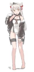 Rule 34 | 1girl, adapted costume, amatsukaze (kancolle), barefoot, black choker, brown jacket, choker, dated, full body, hair tubes, hat, hikashima (shiofune), jacket, kantai collection, long hair, looking at viewer, mini hat, one-piece swimsuit, open clothes, open jacket, school swimsuit, silver hair, simple background, solo, swimsuit, thigh gap, two side up, white background, white one-piece swimsuit, white school swimsuit