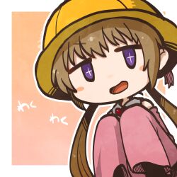 Rule 34 | + +, 1girl, blush stickers, border, brooch, brown hair, commentary request, detached sleeves, excited, hands up, hat, heart, heart brooch, highres, jewelry, kuron (uhhr2odhrppc5nw), long hair, long sleeves, looking at viewer, low twintails, no sclera, open mouth, orange background, outline, outside border, pink sleeves, purple eyes, school hat, simple background, sleeves past fingers, sleeves past wrists, smile, solo, translation request, tsukuyomi ai, twintails, upper body, v-shaped eyebrows, voiceroid, white border, white outline, yellow hat