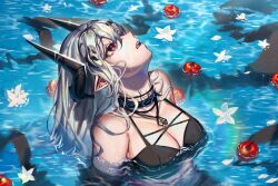 Rule 34 | 1girl, apple, arknights, bare shoulders, bathing, blue eyes, breasts, cleavage, collar, collarbone, food, fruit, grey hair, hair between eyes, horns, infection monitor (arknights), jewelry, kikan (kikanoe), large breasts, long hair, looking away, looking up, mudrock (arknights), mudrock (silent night) (arknights), necklace, official alternate costume, open mouth, partially submerged, pointy ears, red eyes, solo, upper body, very long hair, water
