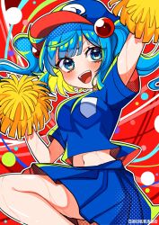 Rule 34 | 1girl, :d, alternate costume, arms up, artist name, blue eyes, blue hair, blue hat, blue shirt, blue skirt, blunt bangs, blush, breasts, cabbie hat, cheerleader, commission, eyes visible through hair, feet out of frame, floating hair, hair bobbles, hair ornament, hat, highres, ishiki nuru, kawashiro nitori, large breasts, leg up, looking at viewer, midriff, navel, open mouth, pleated skirt, pom pom (cheerleading), red background, shirt, short sleeves, skeb commission, skirt, skirt set, smile, solo, sweat, teeth, tongue, touhou, two side up, upper teeth only, v-shaped eyebrows