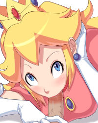 Rule 34 | 1girl, :&gt;=, blonde hair, blue eyes, blush, crown, dress, earrings, elbow gloves, eye contact, fellatio, gloves, hat, jewelry, lipstick, looking at another, looking at viewer, makeup, mario (series), nintendo, oral, penis, pov, princess, princess peach, saliva, sawao, solo focus, tip nibble, uncensored