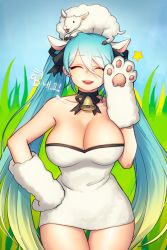 Rule 34 | 1girl, ^ ^, alternate costume, animal, animal costume, animal ears, animal hands, animal on head, aqua hair, bad id, bad pixiv id, bare shoulders, bell, blush, breasts, choker, cleavage, closed eyes, collar, collarbone, commentary request, dress, facing viewer, gloves, gradient hair, highres, hsn4444, large breasts, league of legends, lips, long hair, multicolored hair, neck bell, off-shoulder dress, off shoulder, on head, open mouth, paw gloves, sheep costume, sheep ears, shiny skin, short dress, solo, sona (league of legends), standing, thigh gap, thighs, twintails, very long hair, white dress, yellow eyes