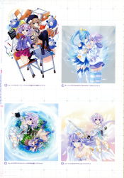 Rule 34 | 5girls, absurdres, arm warmers, armor, armored boots, armpits, beret, black legwear, blanc (neptunia), blue eyes, blue hair, book, boots, braid, breastplate, breasts, chair, choujigen taisen neptune vs sega hard girls, cleavage, clenched hand, d-pad, d-pad hair ornament, desk, feathered wings, feathers, fingerless gloves, four goddesses online: cyber dimension neptune, full body, gekijigen tag: blanc + neptune vs zombie gundan, gloves, gradient background, hair ornament, halo, hat, highres, holding, holding hands, holding sword, holding weapon, hood, hood down, loafers, long hair, long sleeves, looking at viewer, medium breasts, multiple girls, nepgear, neptune (neptunia), neptune (series), official art, open mouth, outstretched hand, pleated skirt, ponytail, power symbol, power symbol-shaped pupils, purple eyes, purple hair, purple heart (neptunia), scan, school desk, school uniform, shoes, short hair, simple background, sitting, skirt, sleeveless, small breasts, smile, striped clothes, striped legwear, striped thighhighs, sword, symbol-shaped pupils, thighhighs, tsunako, twin braids, twintails, weapon, wings, witch hat, zettai ryouiki
