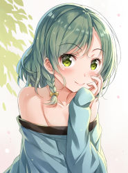 Rule 34 | 1girl, aqua hair, bang dream!, bare shoulders, blue shirt, blush, bow, braid, collarbone, commentary request, gradient background, green eyes, hair between eyes, hair bow, hand on own cheek, hand on own face, hikawa hina, leaf, leaf background, long sleeves, looking at viewer, off-shoulder shirt, off shoulder, shirt, short hair, side braids, sidelocks, simple background, sleeves past wrists, smile, solo, tomo wakui, upper body, white background
